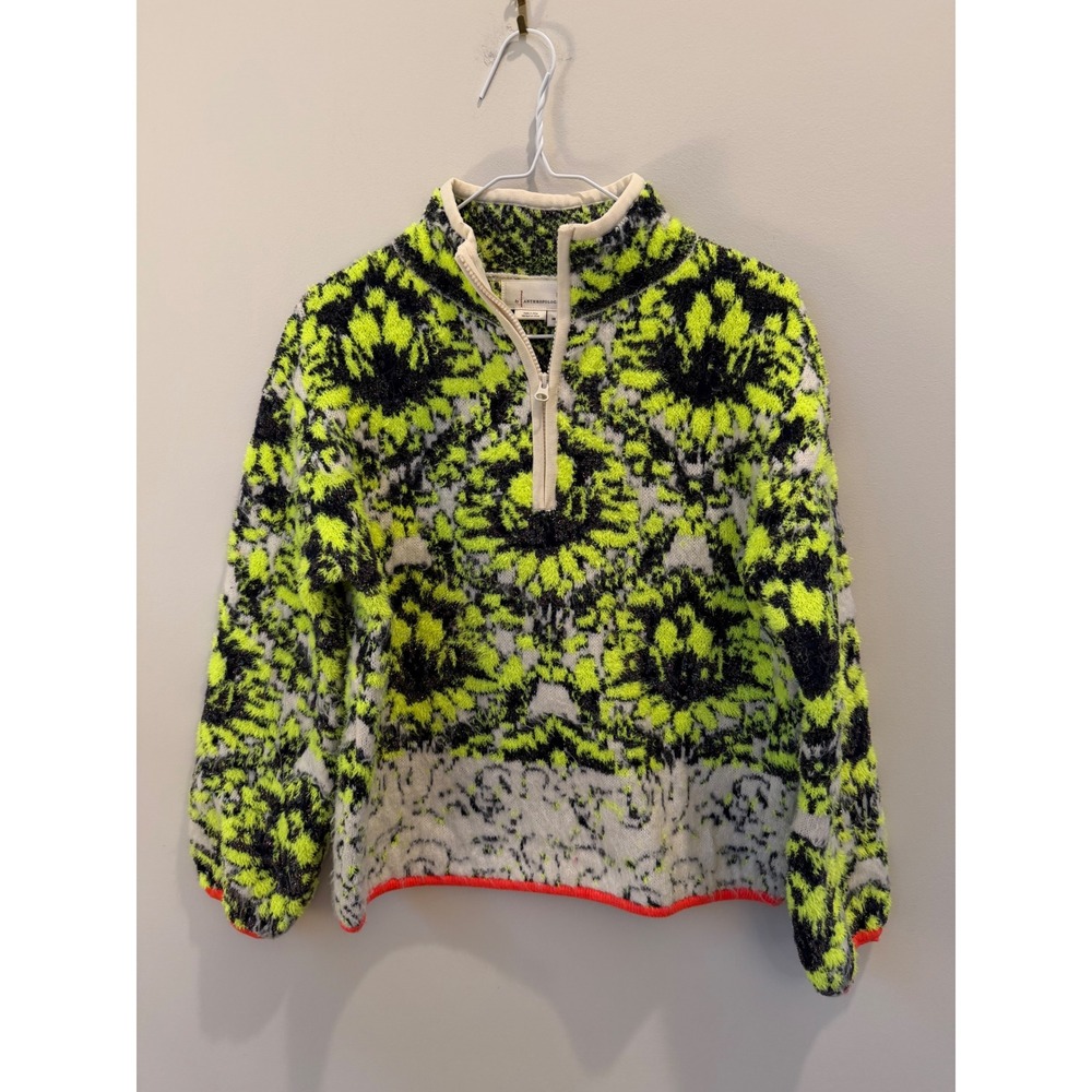 Anthropologie Neon Yellow Black Fuzzy Metallic Quarter Zip Pullover Sweater XS